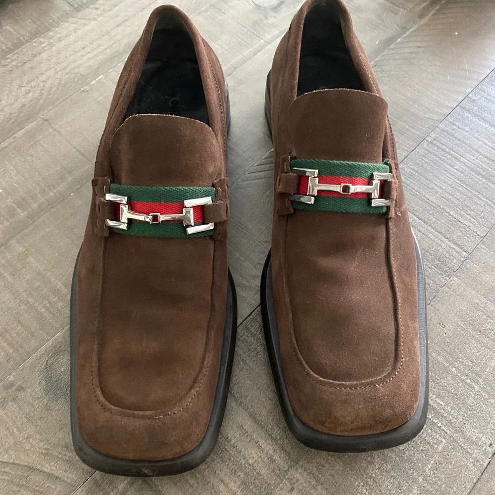 Gucci Mens Brown Suede Horsebit Loafers Square Toe Size 10.5 D